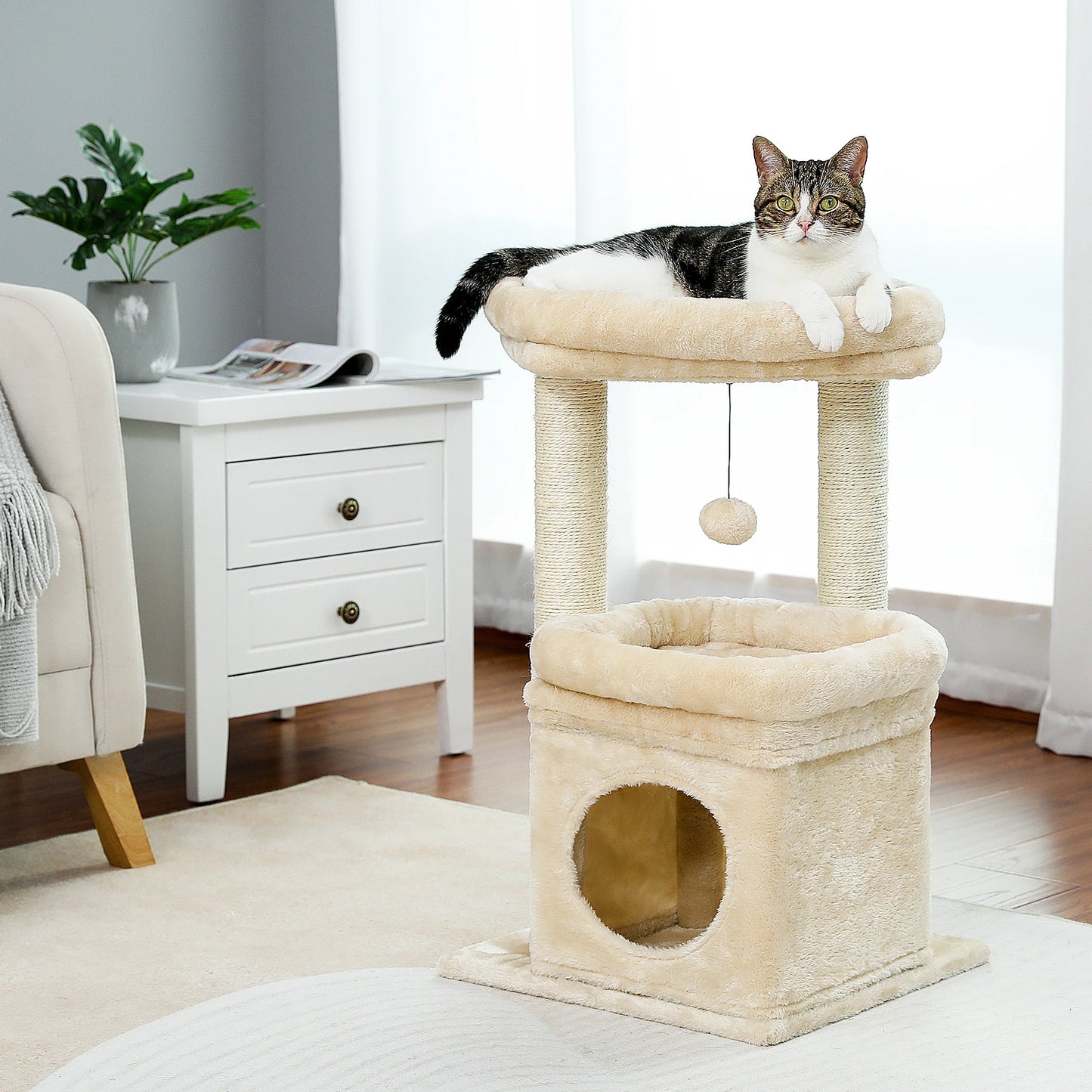 Cat Tree Cat Tower for Indoor Cats with Private Cozy Cat Condo Natural Sisal Scratching Posts and Plush Pom-pom for Small Cats