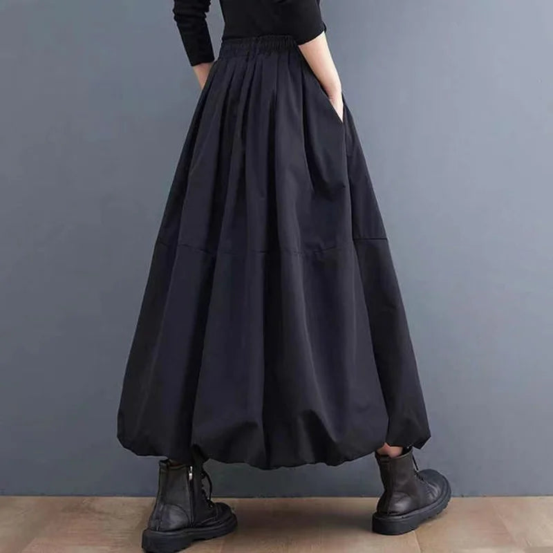 L-4XL Women's Black Long Tutu Skirt With Pockets Fashion High Waist A-Line Maxi Skirts Womens Loose Casual Pleated Skirt C419