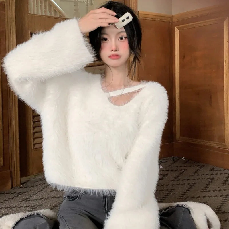 V-neck Women's Sweater Gentle  Straps Loose Sweet Lazy Style Pullover Knitwear Japan Style Fashion Knitted Top