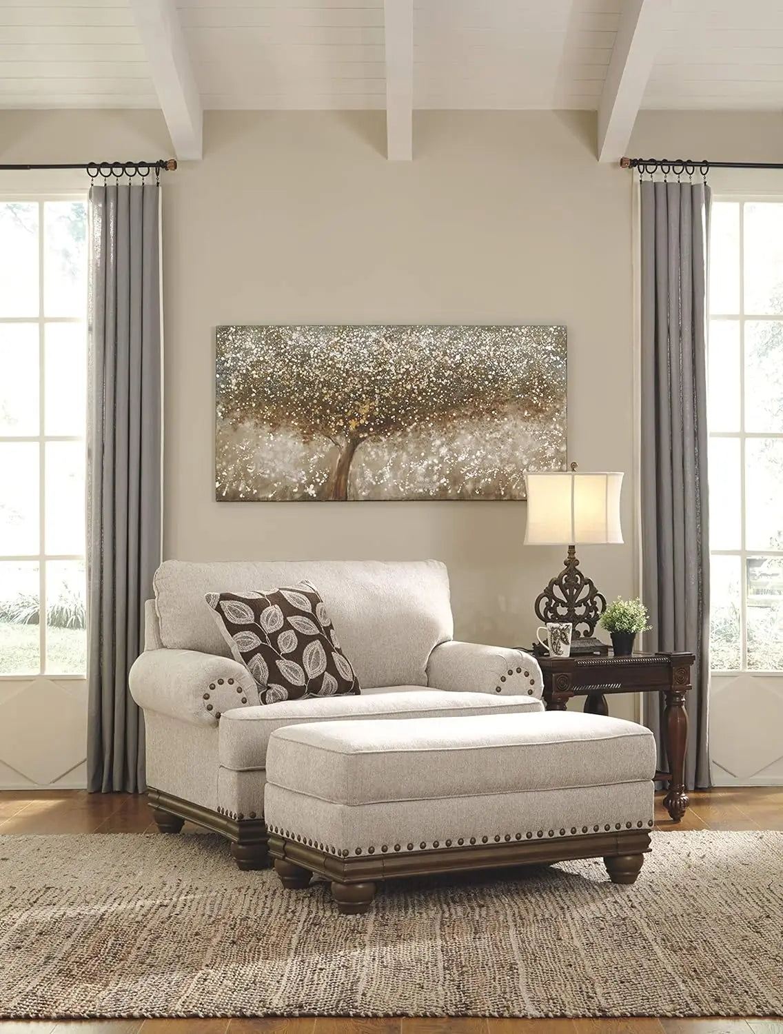 Signature Design by Ashley Harleson Modern Farmhouse Chair and a Half with Nailhead Trim and Accent Pillow, Beige