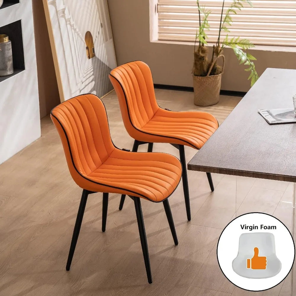 Orange Dining Chairs Set of 2 Upholstered Mid Century Modern Kitchen Chairs Armless Faux Leather Accent Guest  Back Metal Leg