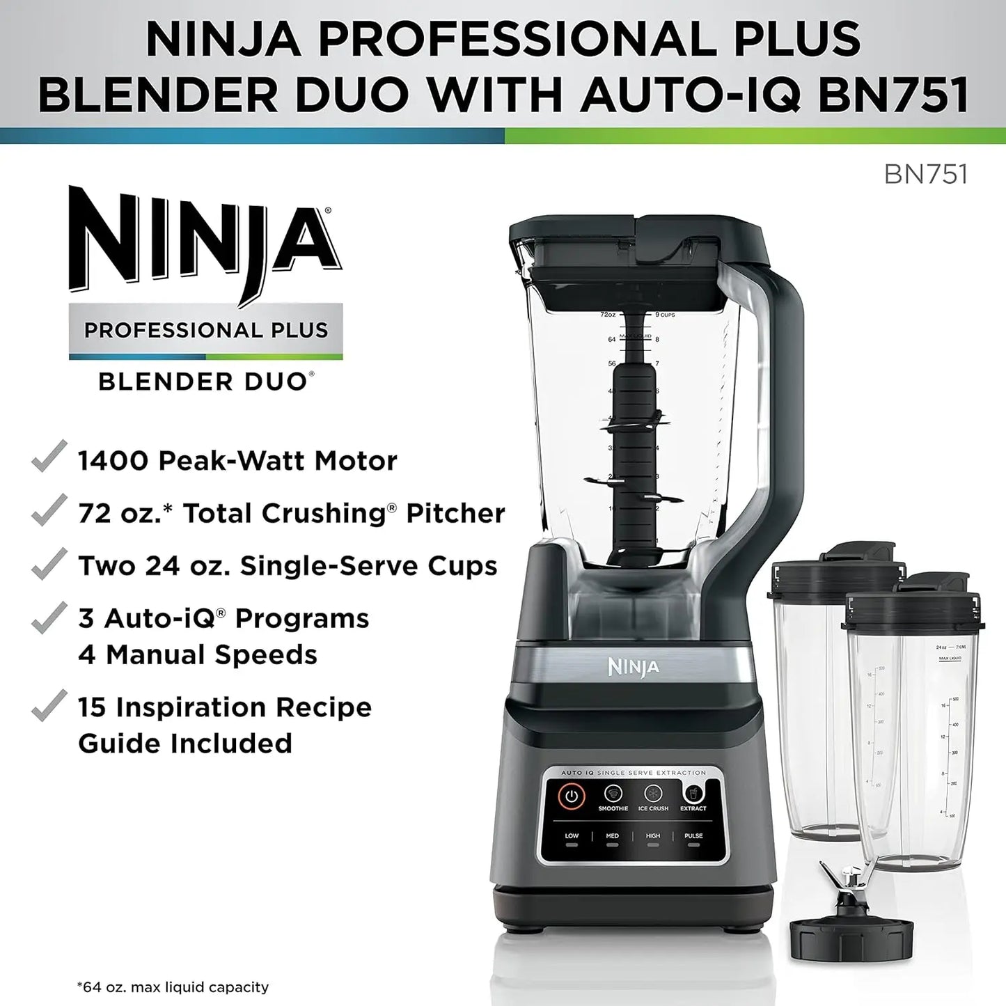 Ninja BN751 Professional Plus DUO Blender, 1400 Peak Watts, 3 Auto-IQ Programs for Smoothies, Frozen Drinks