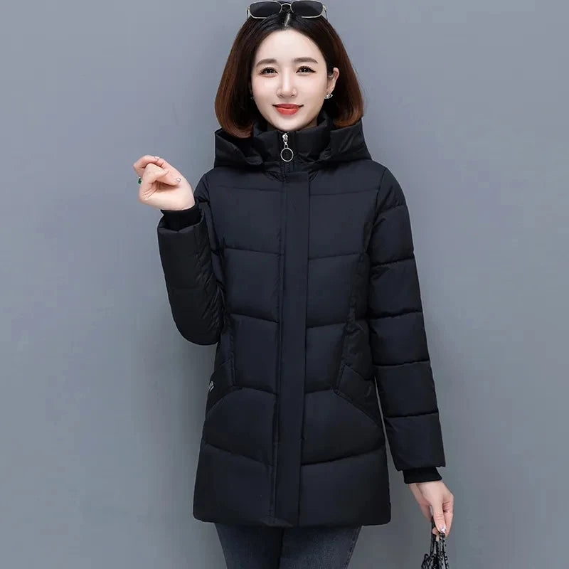 Mid-Length Down Cotton Coat Womens 2023 New Winter Jacket Female Hooded Cotton-padded Parkas Coat Zipper Cotton Outwear Mom Coat