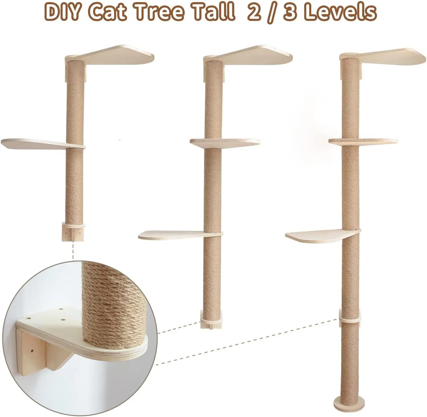 Wood Cat Tower Floor to Ceiling Adjustable, Tree Tall Cat Scratching Post, Cat Tree with 3-Tier Floor for Climb