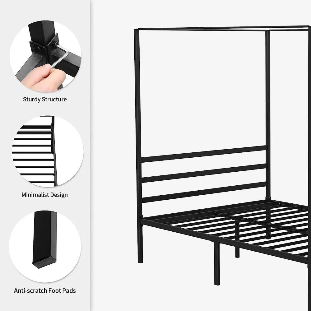 Black Bed Frame Metal Four Poster Canopy Bed Frame 14 Inch Platform With Built-in Headboard Strong Metal Slat Mattress Support