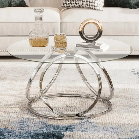 Round Coffee Table, Modern Silver Coffee Table Living Room Table with Ring-Shaped Frames, for Home&Office, Chrome Finish