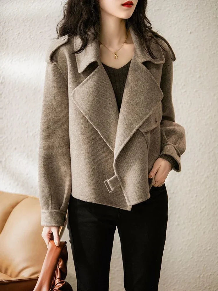 Women's Coat Woolen Blends Long Sleeve Autumn Short Coats Office Lady Turn-down Collar Thick Loose Winter Jackets for Women 2024