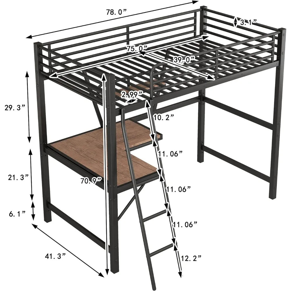 Bed frame with table and frame, steel bed frame, ladder and safety railing, noise free, no need for spring box, double metal bed