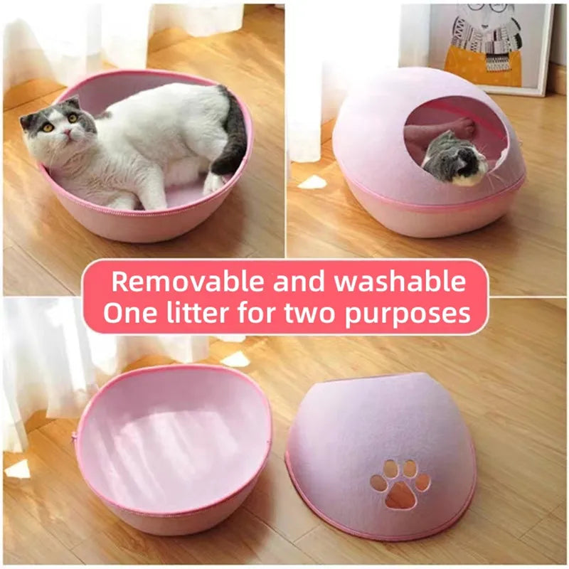 Cat Bed Artificial Felt House for Cats Sleeping Bag With Nest Cushion Eggshell Detachable Breathable Semi Enclosed Pet Cave