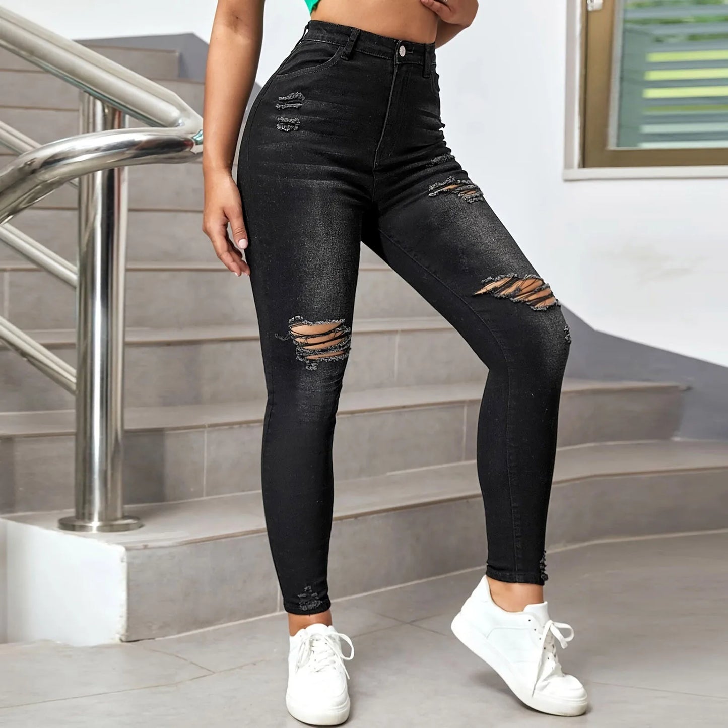 New In Women Fashion Mid Waist Ripped Hole Jeans Casual High Street Denim Pants Sexy Frayed Slim Fit Pencil Pants for Women