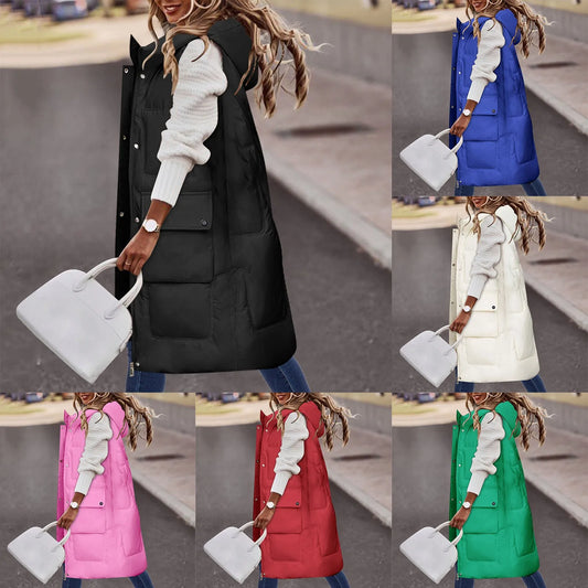 Winter Clothes Women Solid Color Sleeveless Jacket Vest Long Hoodie Warm Down Jacket With Pockets Quilted Outdoor Jacket Veste