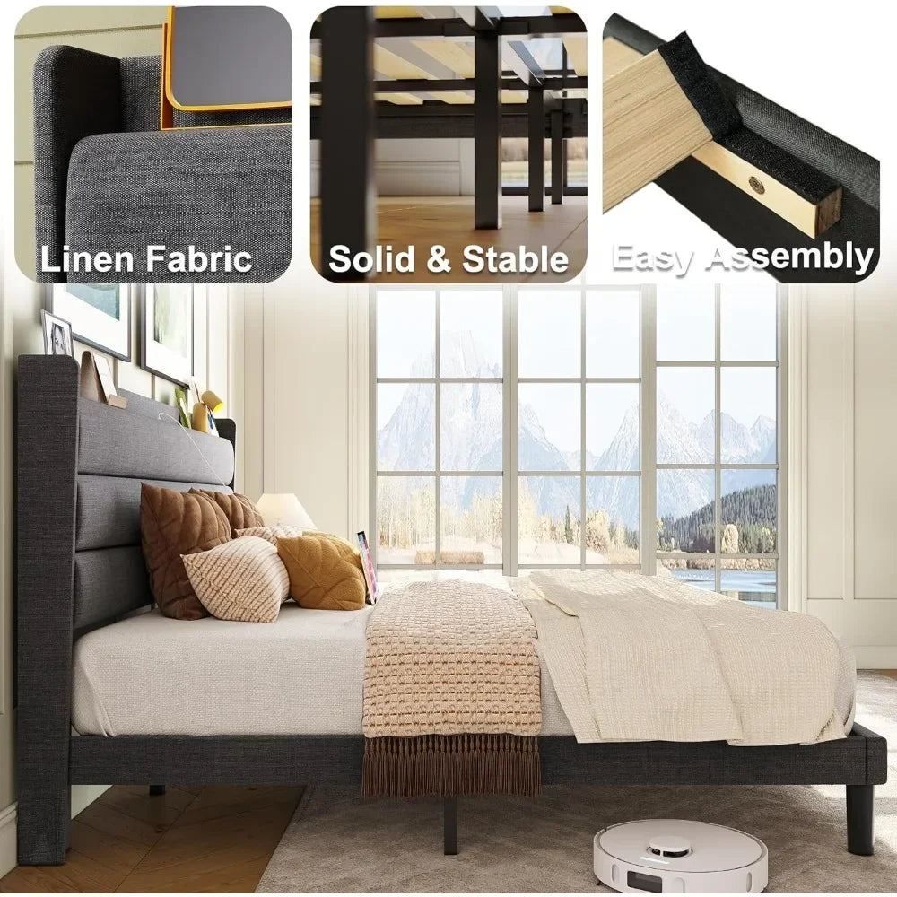 Bedroom furniture queen size bed frame, storage headboard with sockets, sturdy and stable, noiseless, no springs, dark grey