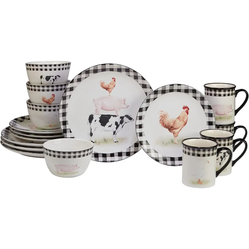 Service for 4 Dish International Farm 16 Piece Dinnerware Set Kitchen Tableware Set of Plates Dinner Sets Multicolored Plate Bar