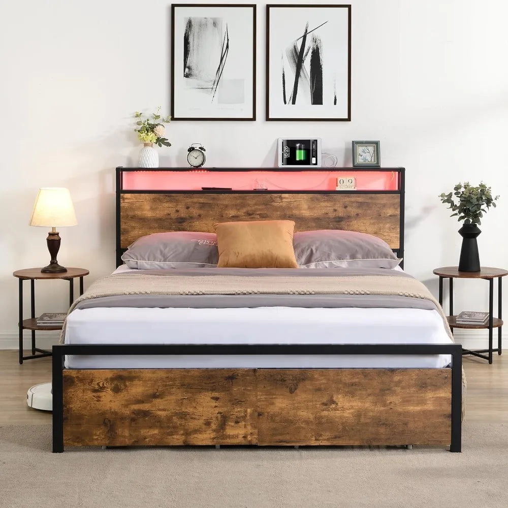 Queen 2-Tier Shelves Headboard, Storage Drawers Lights, LED Frame w/USB Ports & Outlets, Platform Bed Metal Slats Support Mattre