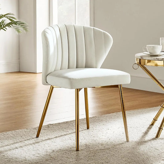 Velvet Dining Chair Modern Small Vanity Chair with Back Metal Legs Elegant Tufted Armless Accent Chair Living Room, Ivory