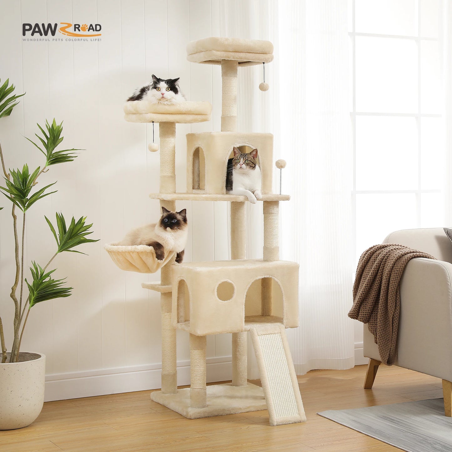 Free Shipping  Multi-Level Cat Tree For Cats With Cozy Perches Stable Cat Climbing Frame Cat Scratch Board Toys Gray&Beige