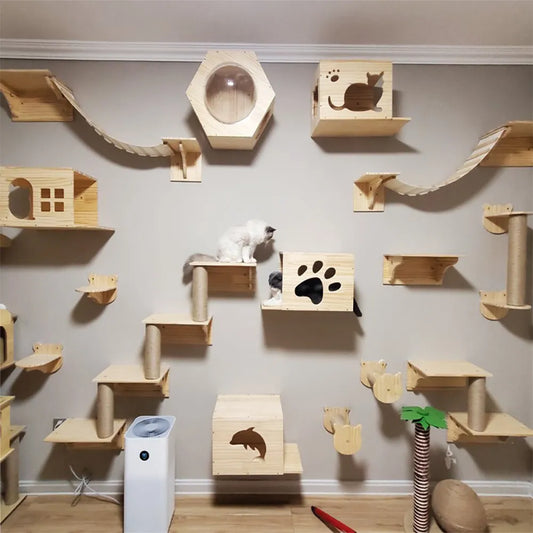 Wall Mounted Cat Shelves Scratching Post for Cat Jumping Platform and Cat Hammock Rope Ladder Wall Wooden Furniture