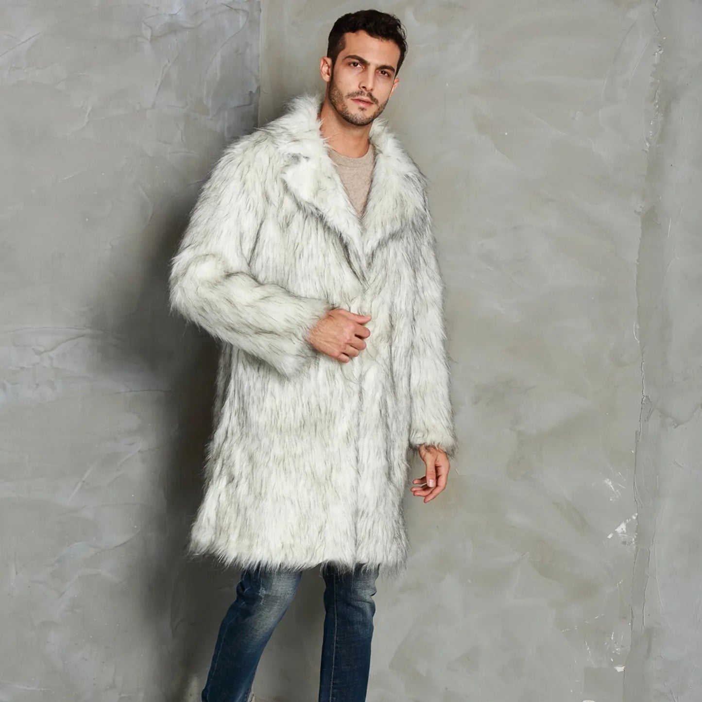 2023 Autumn Winter New Men's Suit Collar Faux Fur Long Coat Fashion Streetwear Lapel Cardigan Coats