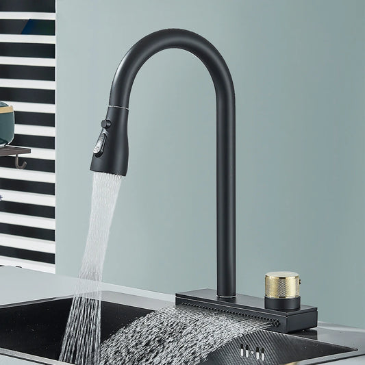 Rainfall Kitchen Faucet Flexible Pull Out 3 Way Nozzle Gourmet Kitchen Faucets Black Rain Waterfall Kitchen Sink Mixer Tap Crane