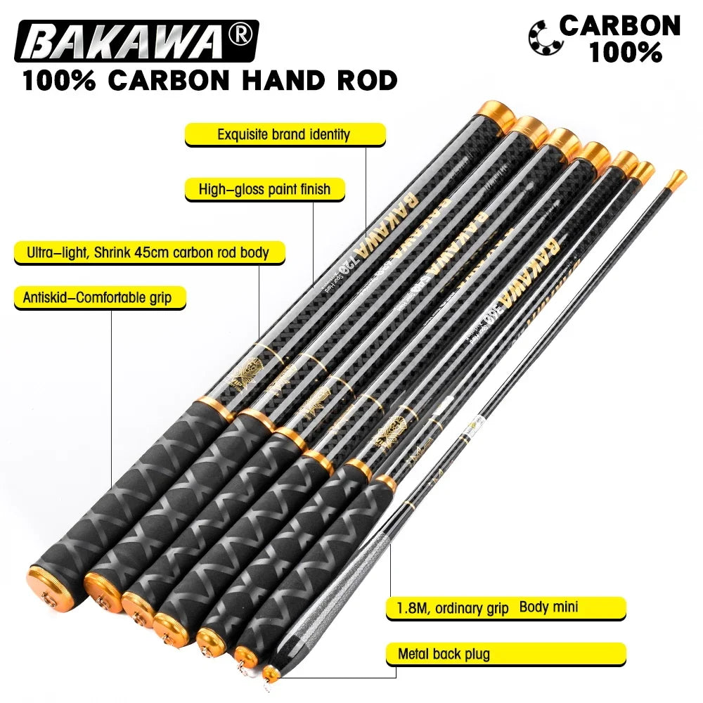 BAKAWA Stream Fishing Rod 3.6M/3.9M/4.5M/5.4M/6.3M/7.2M Telescopic 100% Carbon Fiber Pole Travel Tackle Carp Freshwater Pesca