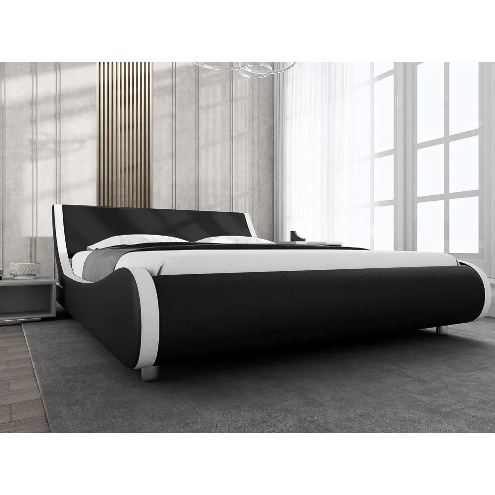 Bed, equipped with synthetic leather headboard, easy to assemble, padded large platform bed frame, modern slim sled bed