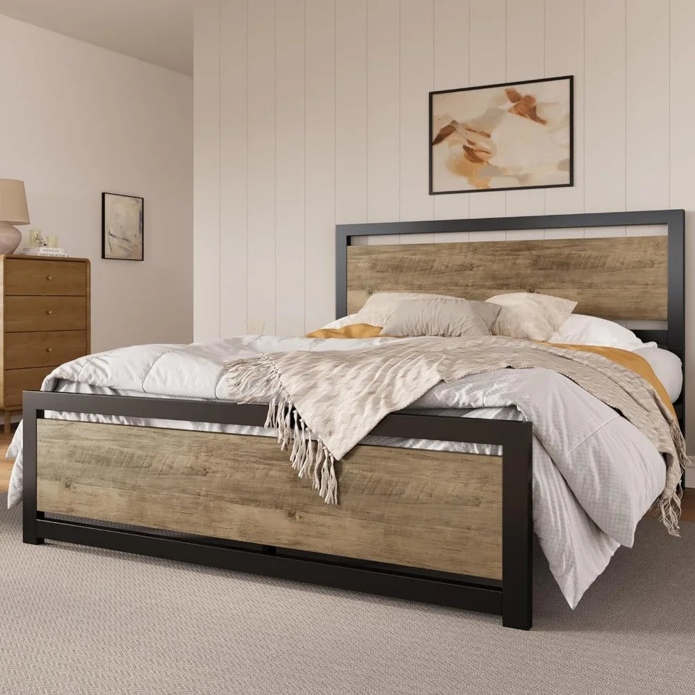 Queen Size Bed Frame with Modern Wooden Headboard/Heavy Duty Platform Metal Bed Frame with Square Frame Footboard & 13 Strong