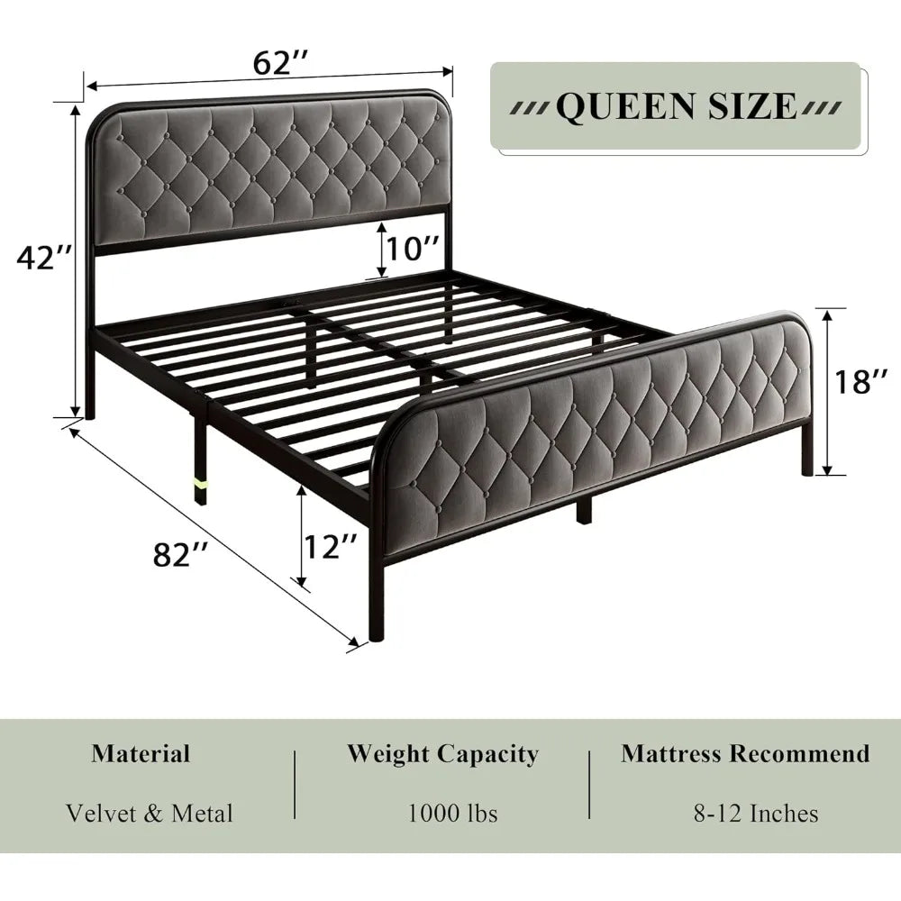 Queen Size Bed Frame with Linen Upholstered Headboard, Heavy Duty Metal Platform Bed with 12" Under-Bed Storage Space