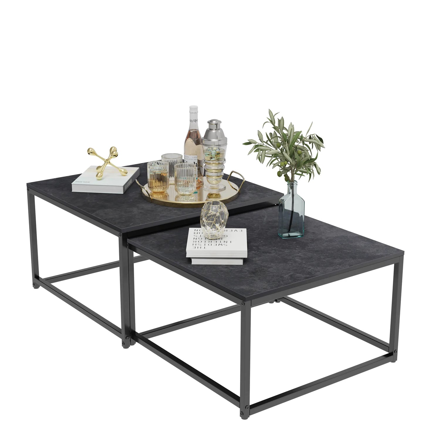 Modern Nesting Coffee Table Set of 2 for Living Room Center Office, Square Marble Cocktail Table with Stackable, White/Black