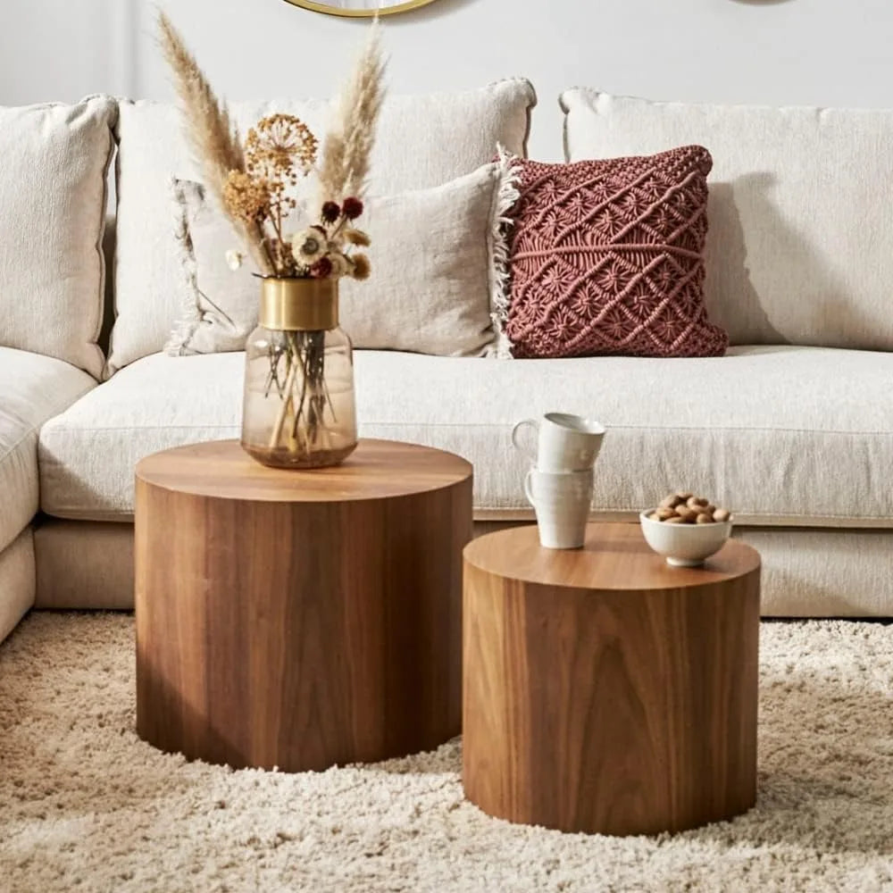 Nesting Coffee Table Set of 2, Walnut Round Wooden Coffee Tables Modern Circle Table for Small Space Living Room