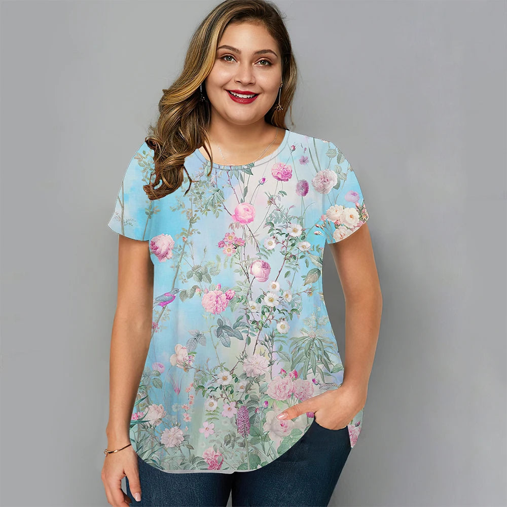 Plus Size Women'S T-Shirt Fashion Flower Short Sleeve Tee Loose Casual Female Clothing Street O Neck Summer T Shirt Ladies Tops