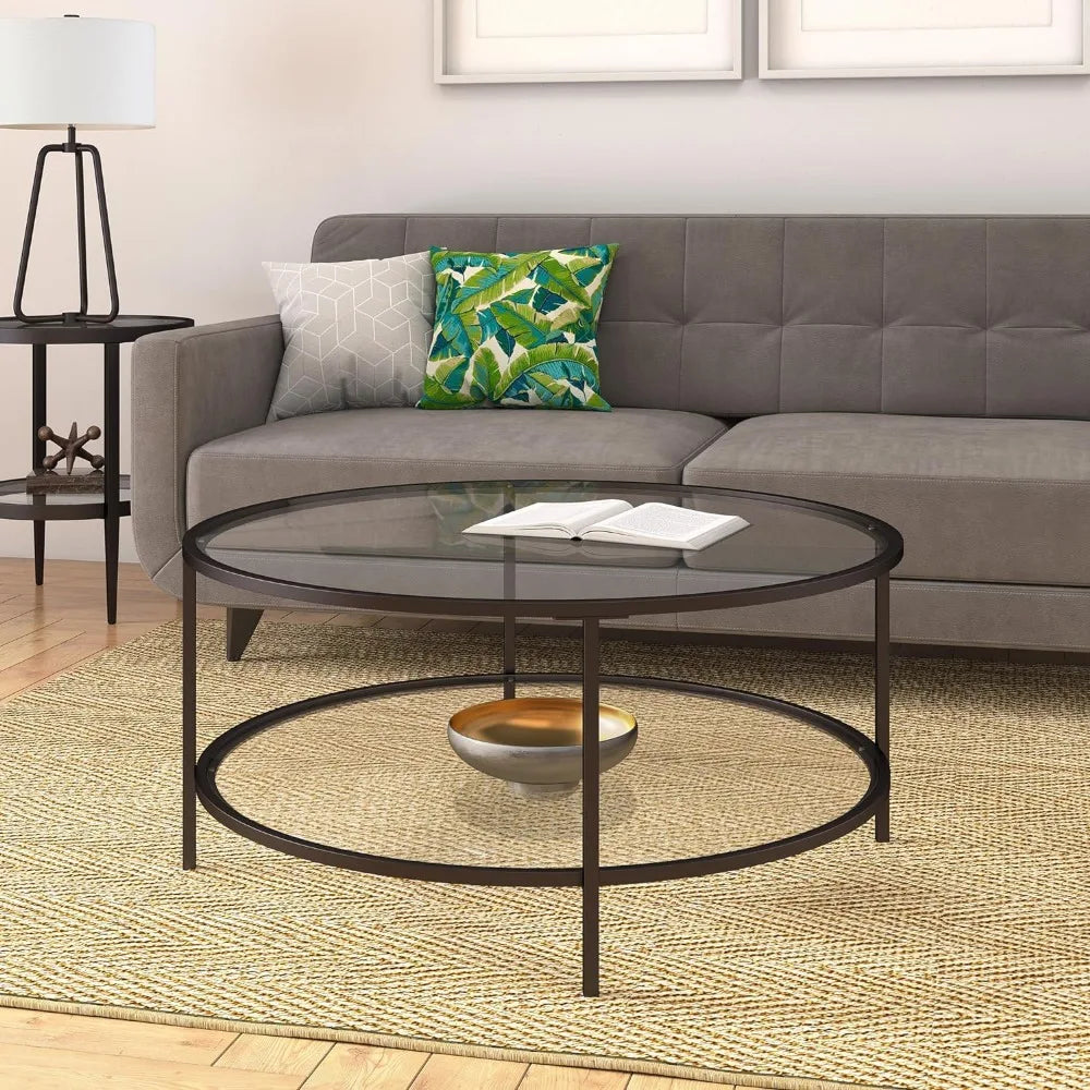 Henn&Hart 36" Wide Round Coffee Table with Glass Top in Blackened Bronze, Modern coffee tables for living room, studio