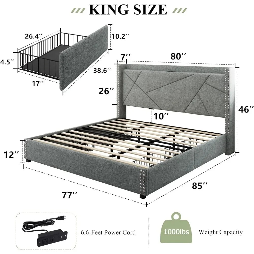 king size bed frame, with 4 storage drawers, Upholstered Platform Bed Frame, Solid wood slat support, No box spring required