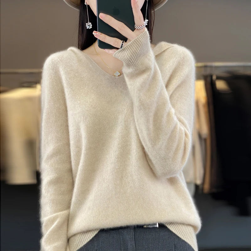 Knitted sweater cashmere sweater women's 100% merino wool hooded V-neck pullover winter autumn hoodie top women's clothing