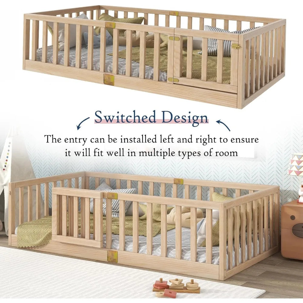 Montessori Twin Floor Bed with Safety Guardrails, Door Installs Left or Right, Wood Frame - Nature