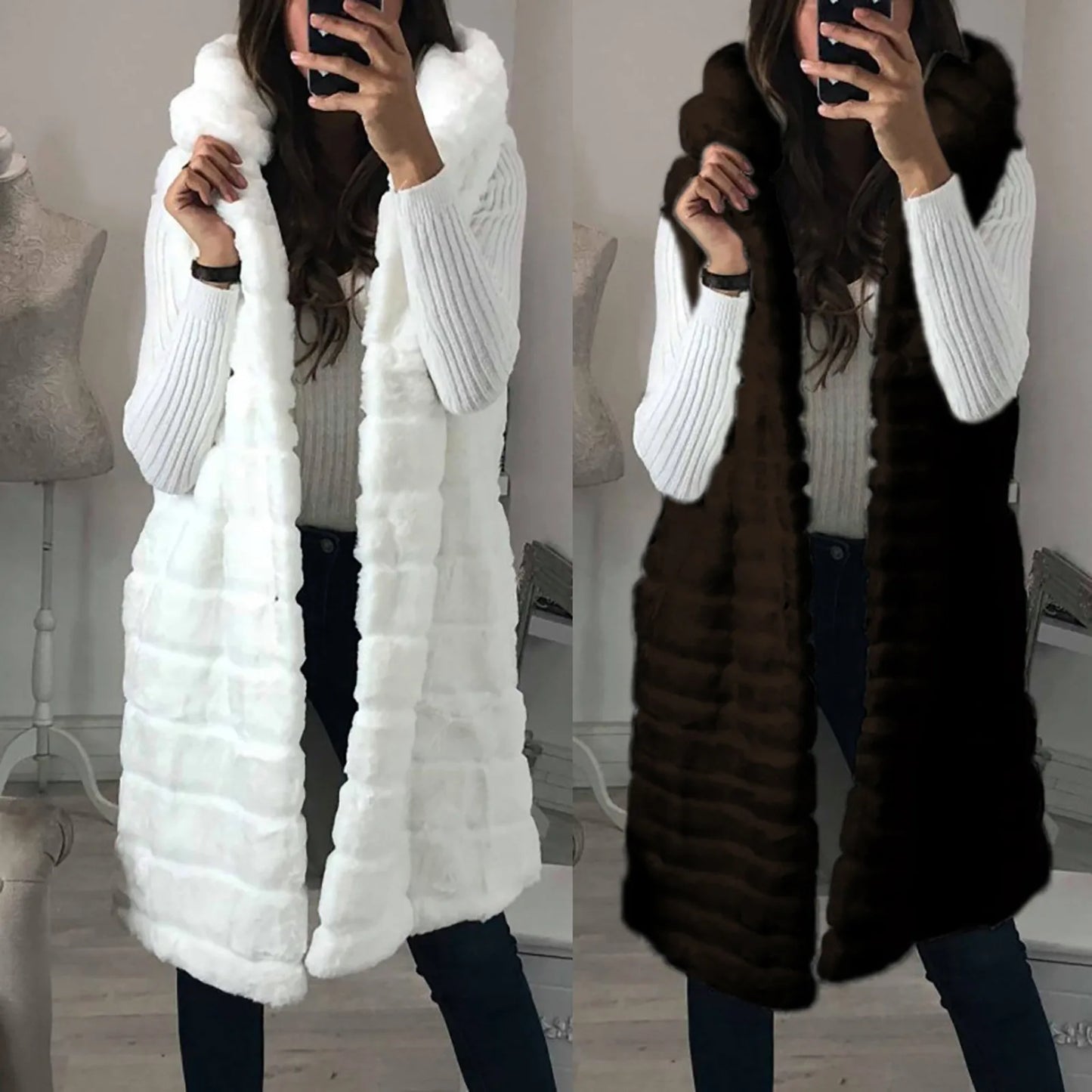 Autumn Winter Faux Sleeveless Hooded Vest Overcoat For Women Warm Open Front Soft Jacket Comfortable Temperament Streetwears