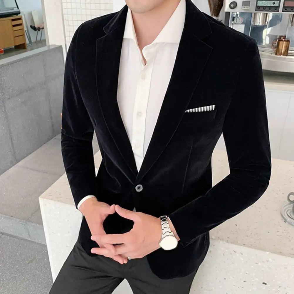 Stylish Men Blazer Temperament Suit Jacket Slim Fit Single Button Velvet Lapel Suit Coat