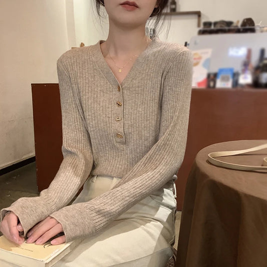 Slim Sweater Bottoms Knitwear Long Sleeved Button Design Comfortable Autumn Winter Women's Tops V-neck Fashion Pullover