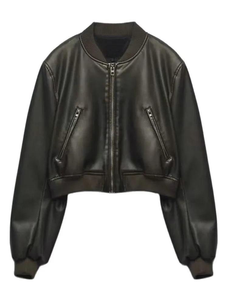 2023 Women's Vintage Bomber Chic Cropped PU Faux Leather Gothic Racing Jackets Female Biker Motorcycle Baseball Coats Streetwear