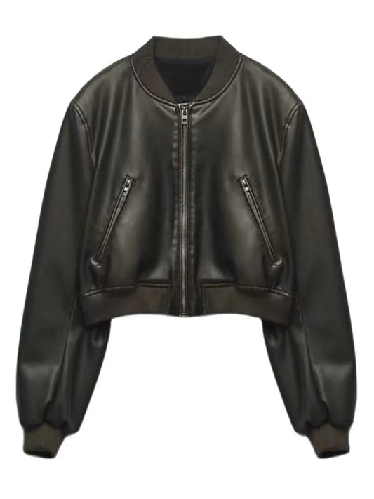 2023 Women's Vintage Bomber Chic Cropped PU Faux Leather Gothic Racing Jackets Female Biker Motorcycle Baseball Coats Streetwear