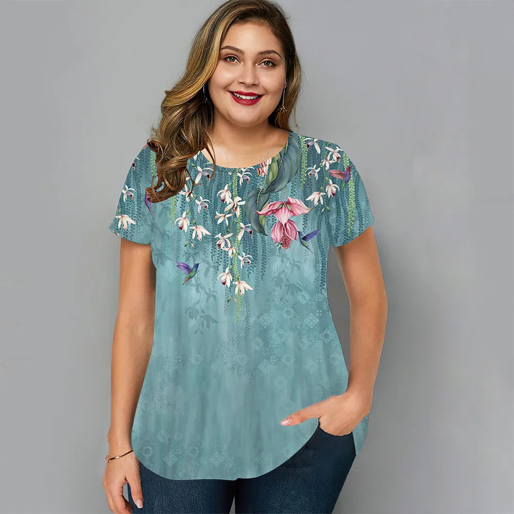 Plus Size Women'S T-Shirt Fashion Flower Short Sleeve Tee Loose Casual Female Clothing Street O Neck Summer T Shirt Ladies Tops