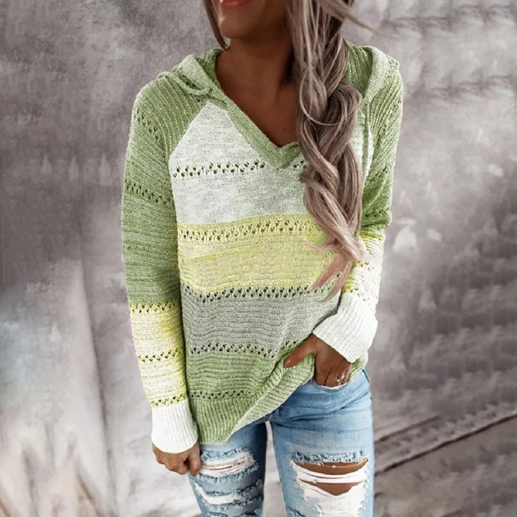 Plus Size 5XL Autumn Winter Women's Pullover Fashion Patchwork Long Sleeve Knit Sweater Tops Women Crochet Hollow Hooded Sweater