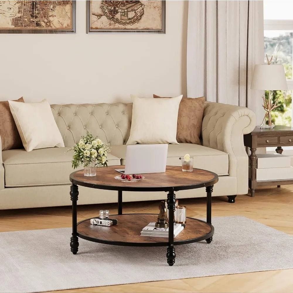 Round Coffee Table Living Room 34.25in Rustic Circle Center Table With Storage Shelf 2-Tier Modern Wood Coffee Table Side Home