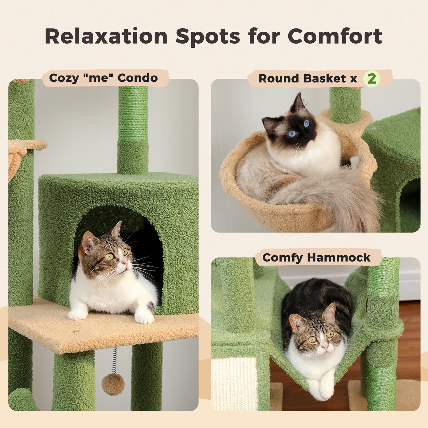 Adjustable 216-285cm Height Cactus Cat Tree with Condo Hammock High Cat Tower Scratching Post for Cat Jumping Platform Cat Toys