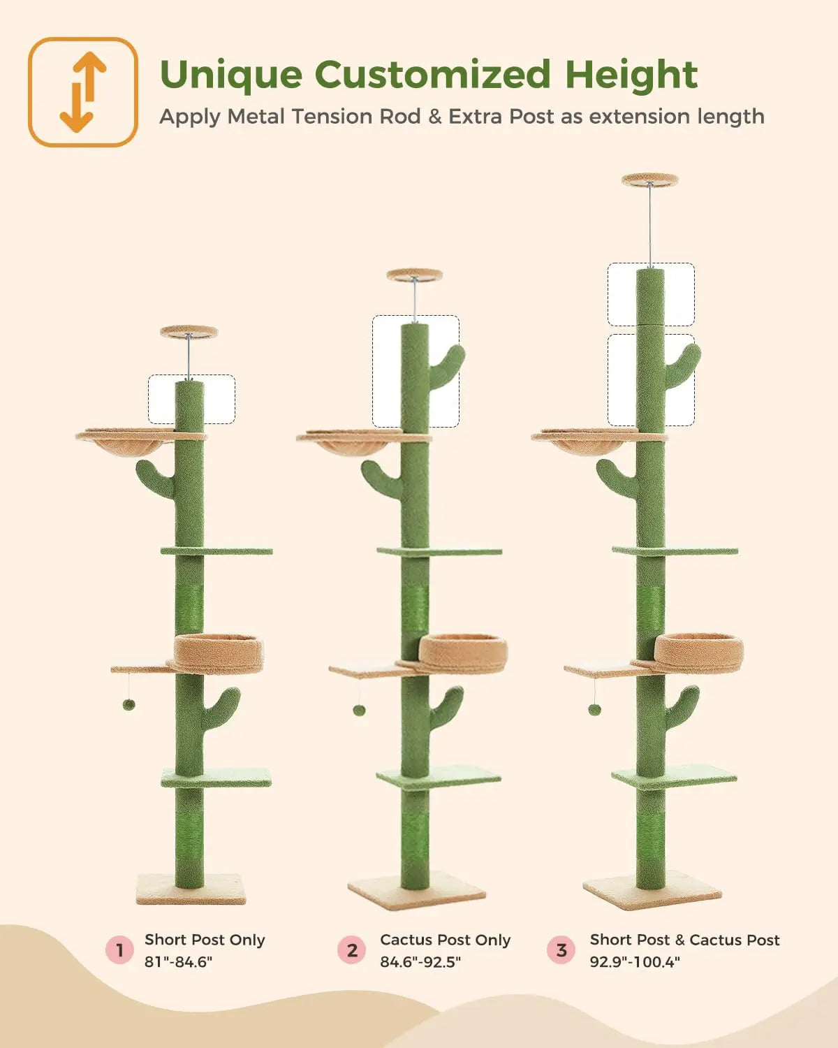 Floor to Ceiling Cat Tree [87"-100"] Height Adjustable, 5 Levels Cactus Cat Tower with Cat Perch&Replaceable Hammock