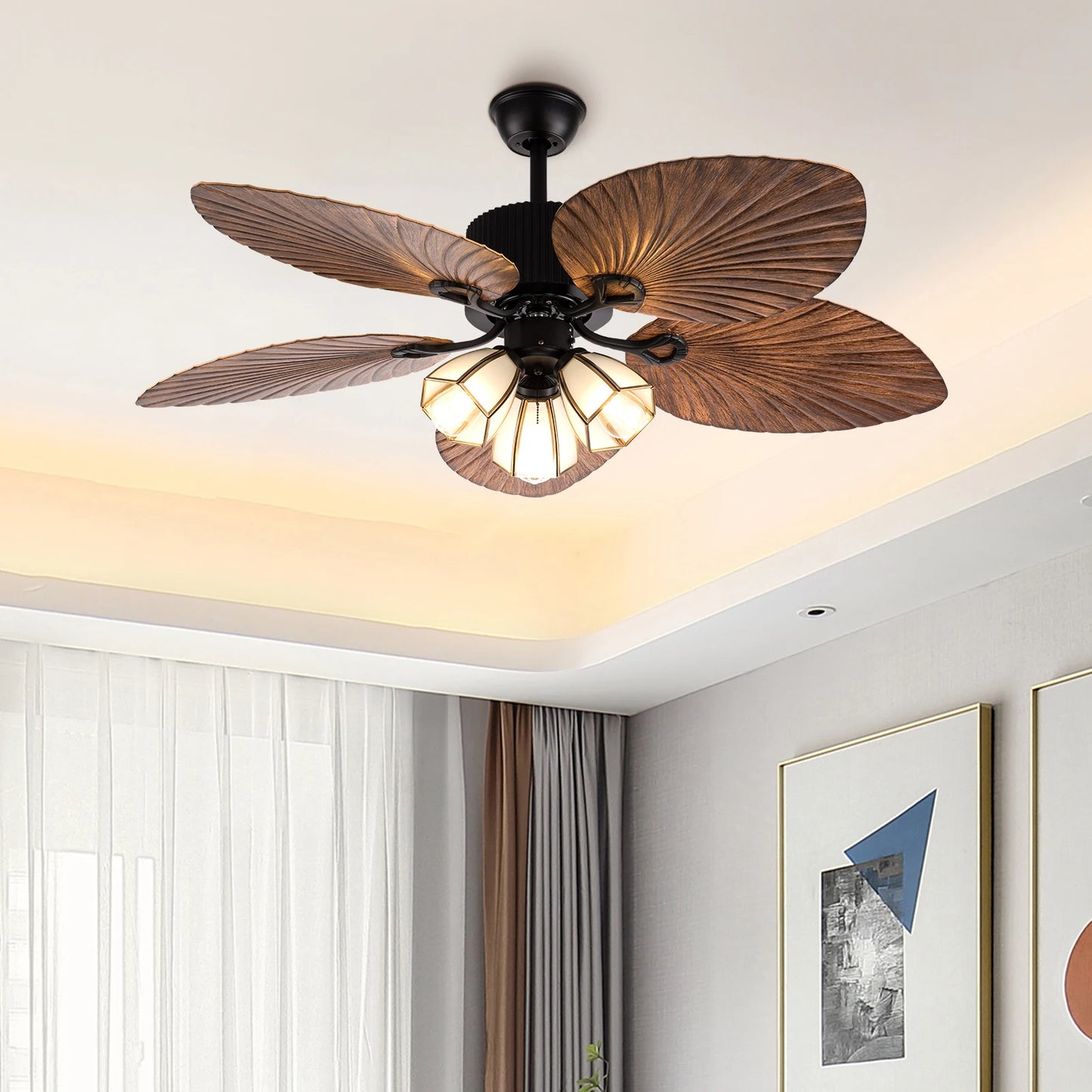 Tropical Ceiling Fan with Light LED Reversible Room Decor 52" Fan Lamp Hall Chandelier Living Room with Remote Control Low-noise