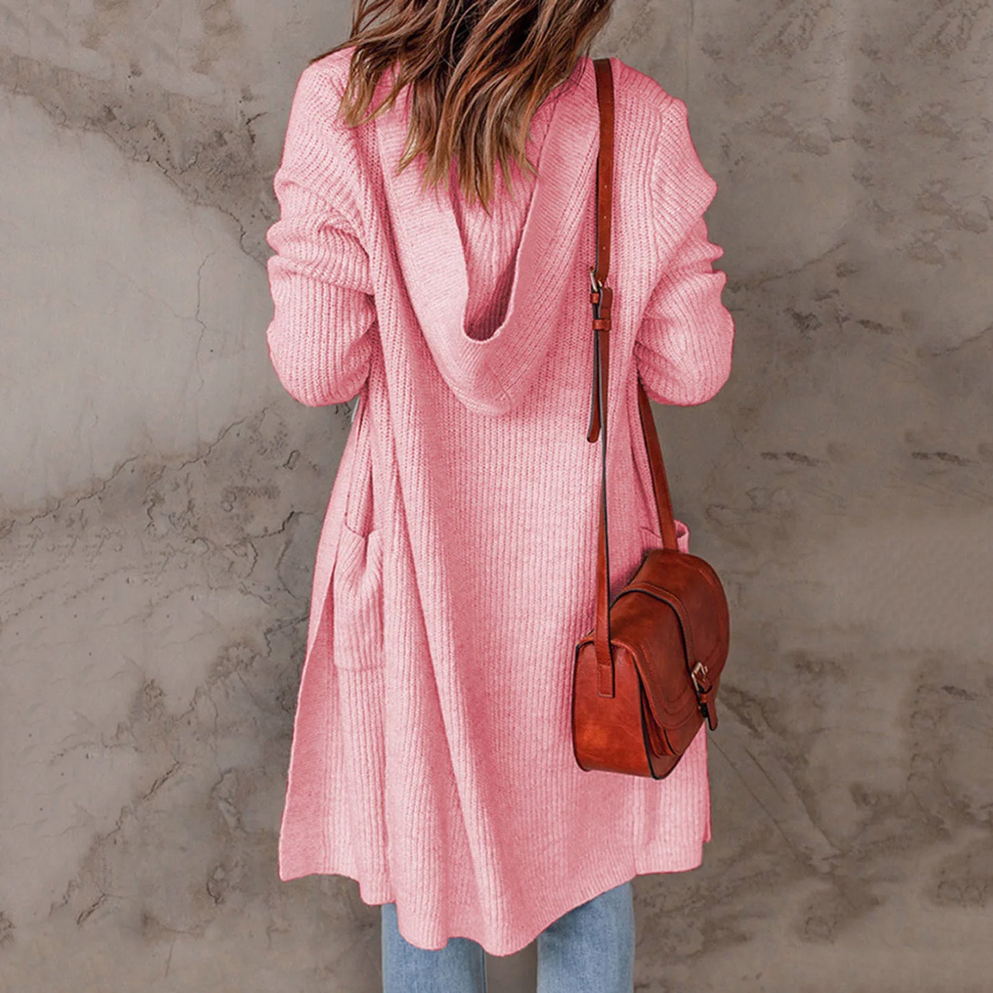 Womens Round Neck Knitted Cardigan Loose Solid Color Sweater Coat