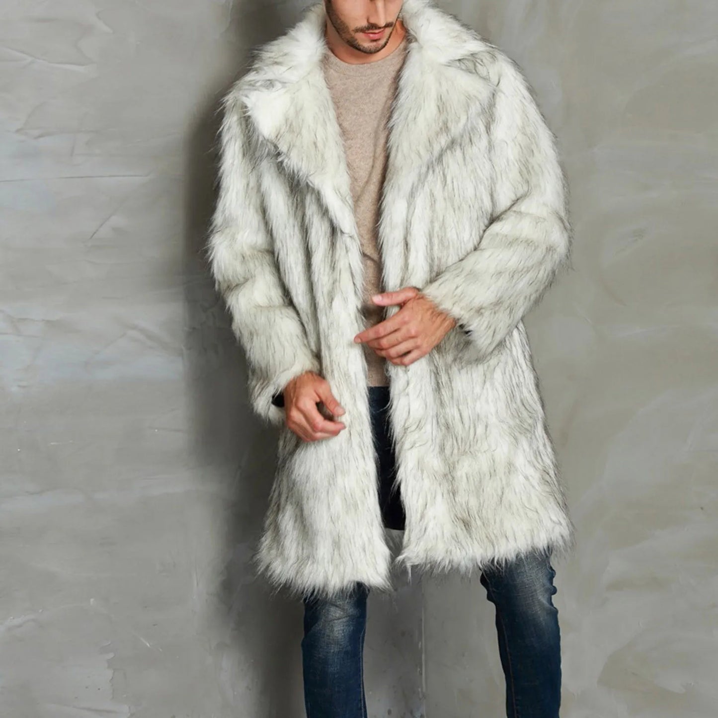 2023 Autumn Winter New Men's Suit Collar Faux Fur Long Coat Fashion Streetwear Lapel Cardigan Coats