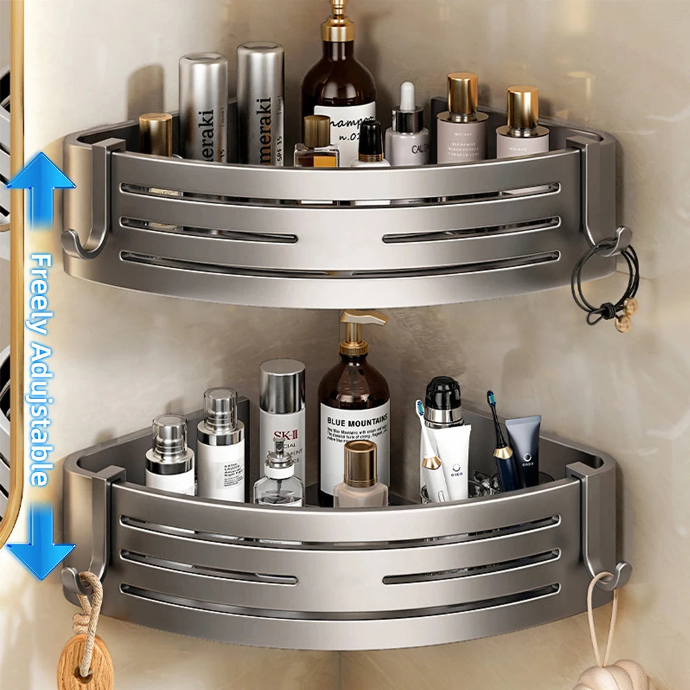 1-2PCS Bathroom Corner Shelf with Hook Towel Bar No Drill Space Aluminum Shower Storage Rack Bathroom Organizer