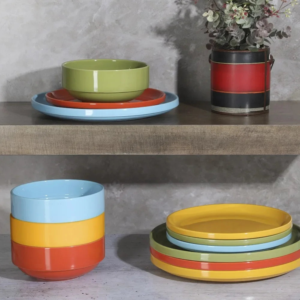 12-Piece Assorted Color Stackable Stoneware Dinnerware Set Restaurant Plates Free Shipping Dinner Plate Dish Tableware Sets Food