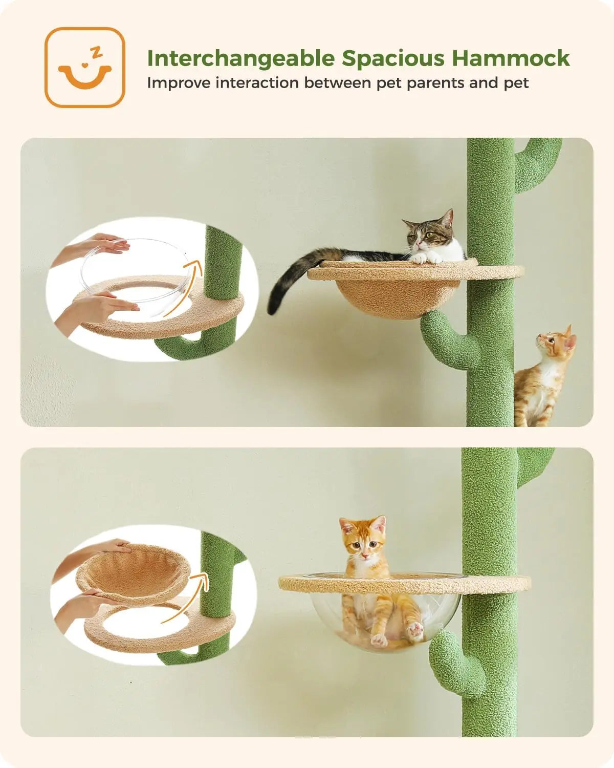 Floor to Ceiling Cat Tree [87"-100"] Height Adjustable, 5 Levels Cactus Cat Tower with Cat Perch&Replaceable Hammock